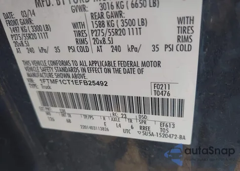 2014 Ford F150 from USA, damaged, VIN 1FTMF1CT1EFB25492